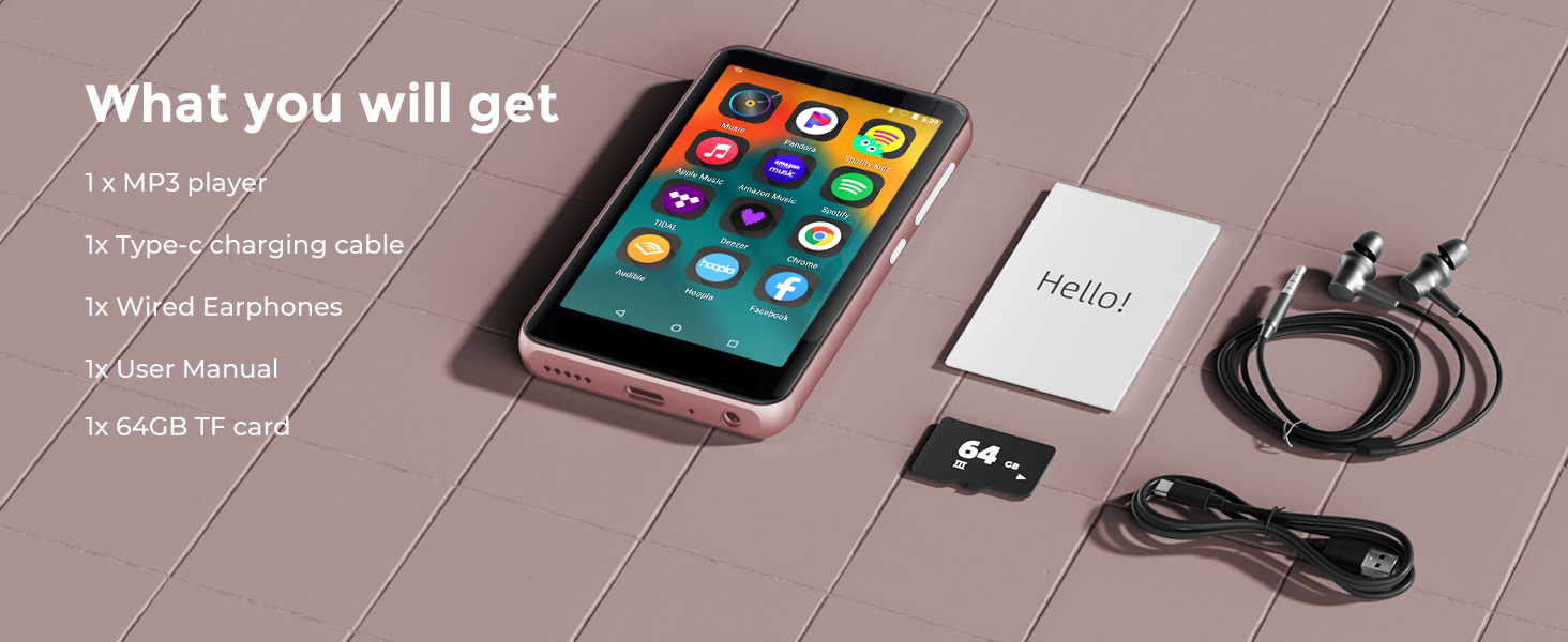 Text reads 'What you will get'. Product layout showing electronic devices and accessories arranged on pink surface with soft lighting.