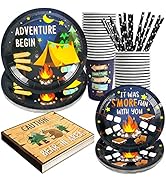 Recheel Camping Party Supplies Decorations, Campfire Hiking Camper Theme Birthday Paper Plates an...