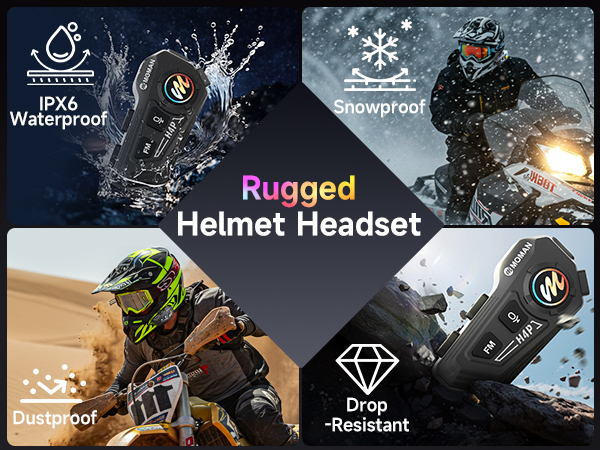 Text reads 'Rugged Helmet Headset' and 'Waterproof'. Action shots of outdoor gear being used in extreme conditions with technical specifications overlay.