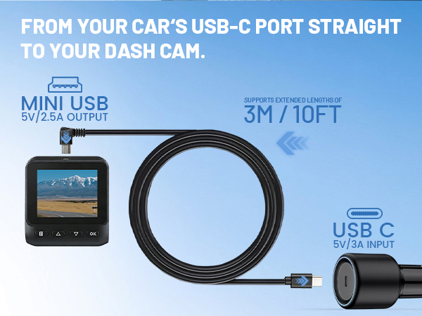 type c usb-c usb c to mini usb mini-b dash cam cable cord power supply charging adapter