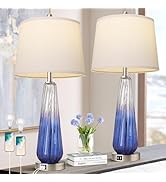 Table Lamps Set of 2 with Touch Control, 3-Way Dimmable Modern Glass Bedside Lamps with USB A+C P...