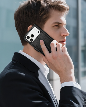 Series of images showing person in business attire using mobile device with white phone case in professional setting.
