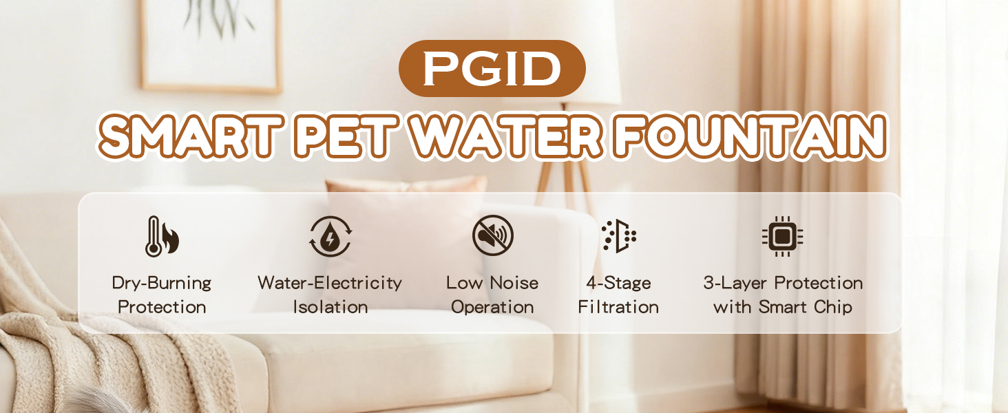 Pet water fountain with dry-burn protection, water isolation, and multi-stage filtration.