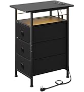 WLIVE Narrow Side Table with Charging Station, End Table with LED Lights,3 Fabric Drawers and Ope...