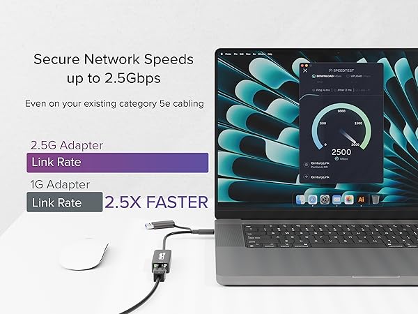 Plugable USB-C to Ethernet Adapter 2.5Gb, secure up to 2.5Gbps speeds on existing Cat 5e cabling