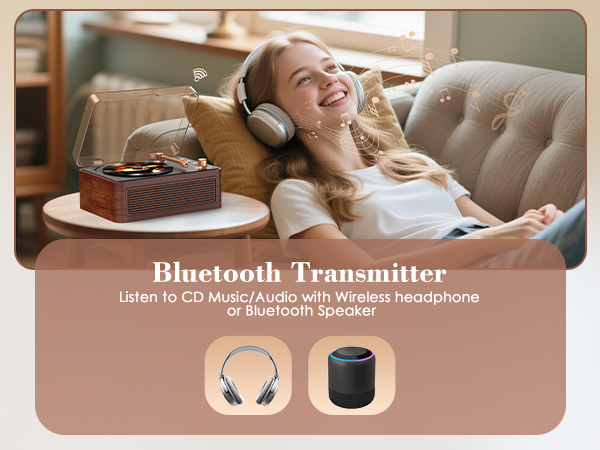Text reads 'Bluetooth Transmitter Listen to CD Music/Audio with Wireless Headphones.' Product image shows wireless headphones and a black circular transmitter device against rose gold background.
