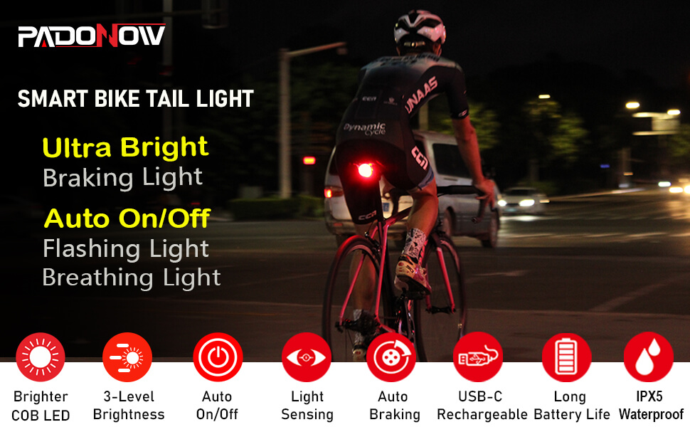 Smart bike tail rear back brake led light bright auto on/off usb c rechargeable flashing strobe 