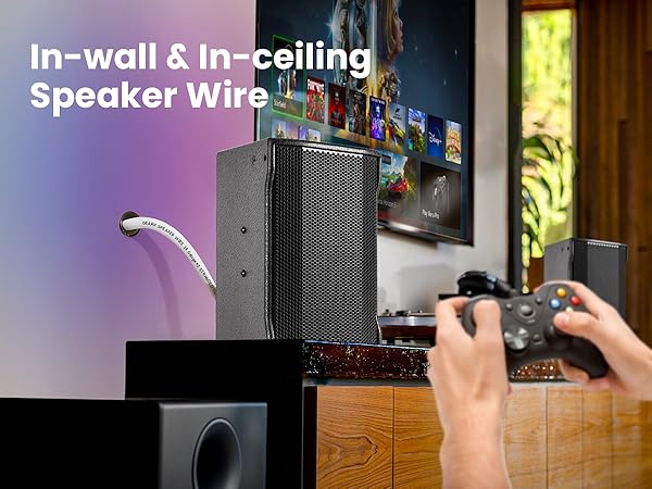 Text reads 'In-wall &amp; In-ceiling' and 'wide range of application scenarios'. Series of professional audio speaker installation images showing different mounting configurations.