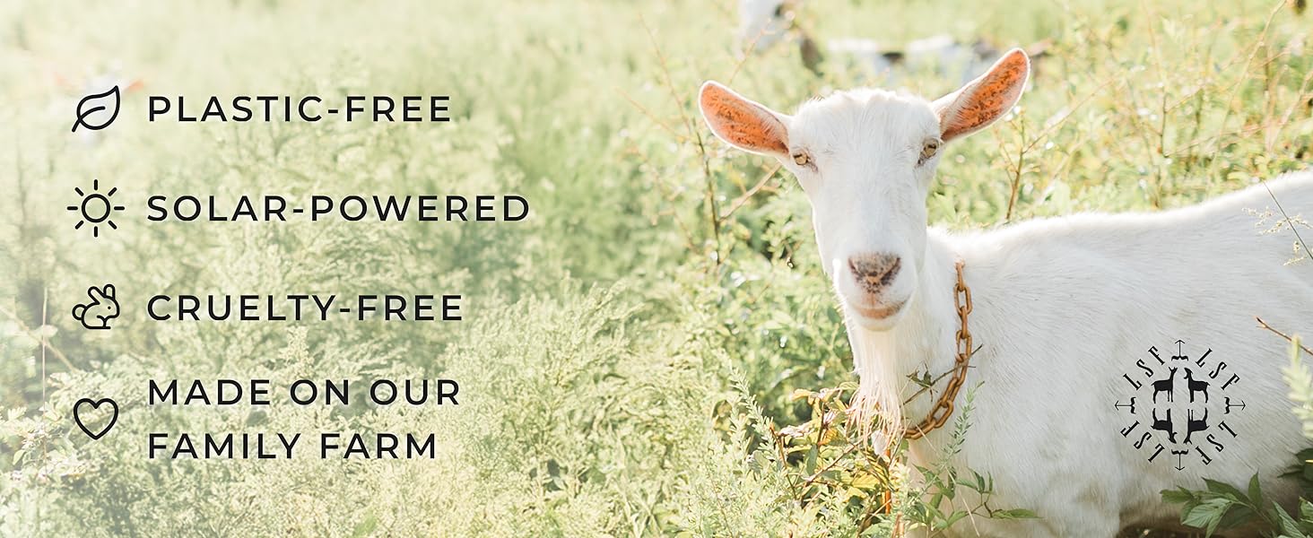 text highlighting that the product is plastic-free, solar-powered, cruelty-free