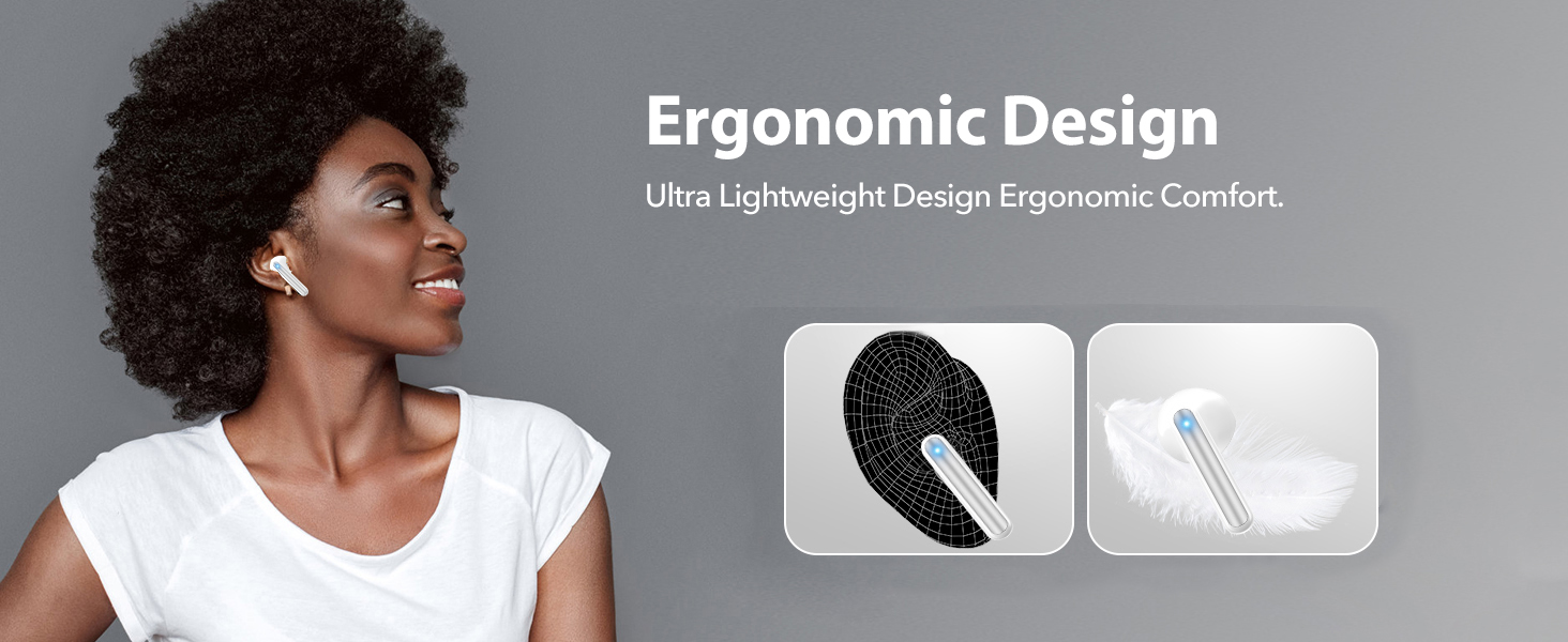 Text reads 'Ergonomic Design' and 'Ultra Lightweight Design Ergonomic Comfort.' Product marketing image showing black and white earbuds with side-by-side icon illustrations.