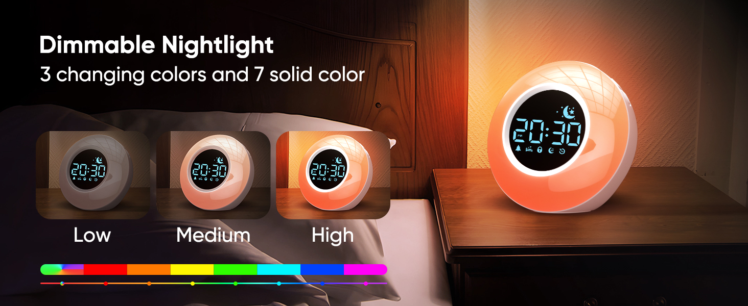 clock display and 10 color nightlight with 3 brightness levels and can be turned off completely