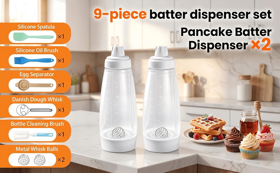 Zyfhaiz 2-Pack Pancake Batter Dispenser Set with 7 Accessories, 1000ml (34oz) Silicone Squeeze