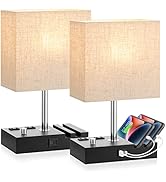 Bedside Lamps for Bedroom Set of 2, Kakanuo Fully Dimmable Small Beige Nightstand Lamps with USB ...