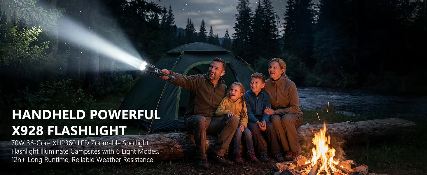 Powerful Camping Flashlight Lighting up Campsites &amp;amp; Tents for Safe Nighttime Adventures.