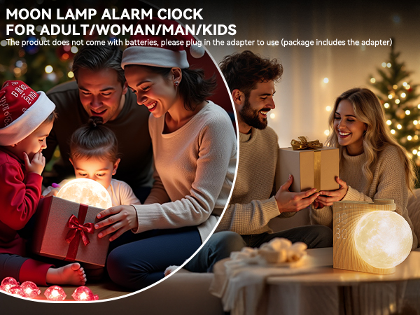 Text reads 'MOON LAMP ALARM CLOCK FOR ADULT/WOMAN/MAN/KIDS'. Warm indoor scene showing group gathered around glowing spherical lamp.