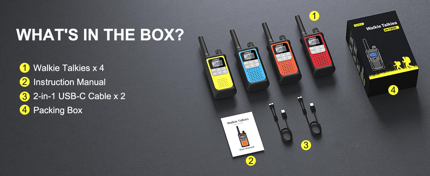 The package includes 4 rechargeable walkie talkies charging cables instructions and box