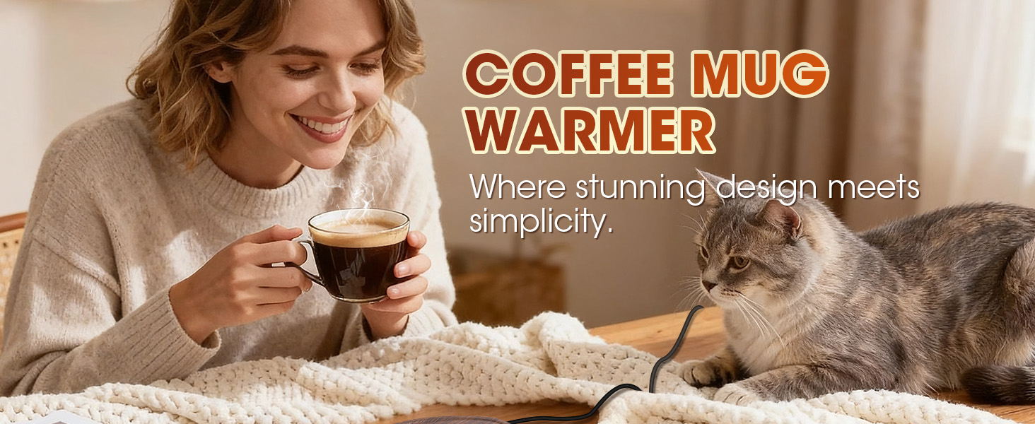 Text reads: 'COFFEE MUG WARMER'. Product lifestyle image showing person holding coffee mug while relaxing.