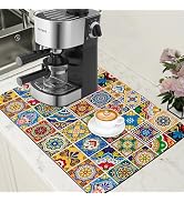 POIUBLE Talavera Mexican Tiles Dish Drying Mat for Kitchen Counter Bar Mat Hide Stain Absorbent R...
