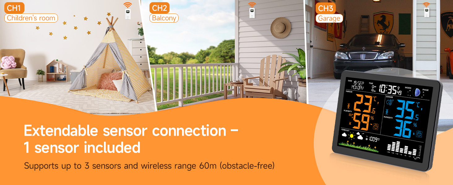 Text reads 'Extendable sensor connection - 1 sensor included'. Marketing image showing electronic device display with weather data and indoor/outdoor scenes.