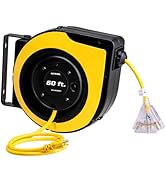LEPENEL 60 Ft Retractable Extension Cord Reel, 3 Power Outlets with Indicator Lights, 12AWG/3C SJ...