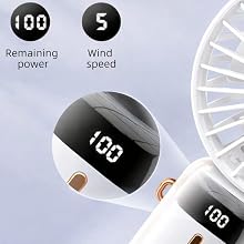 A portable fan with an led display that shows fan percentage and power mode