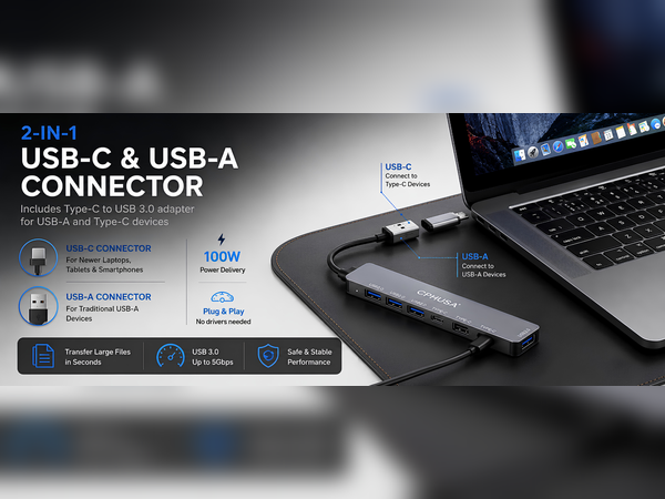 CPHUSA 2-in-1 USB-C and USB-A connector hub with 100W power delivery.
