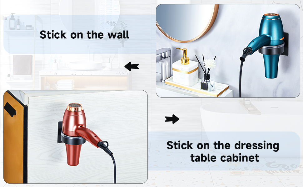 Hair dryer holder demonstration. Shows installation on wall and dressing table cabinet. Includes mirror, toiletries, and blue hair dryer.