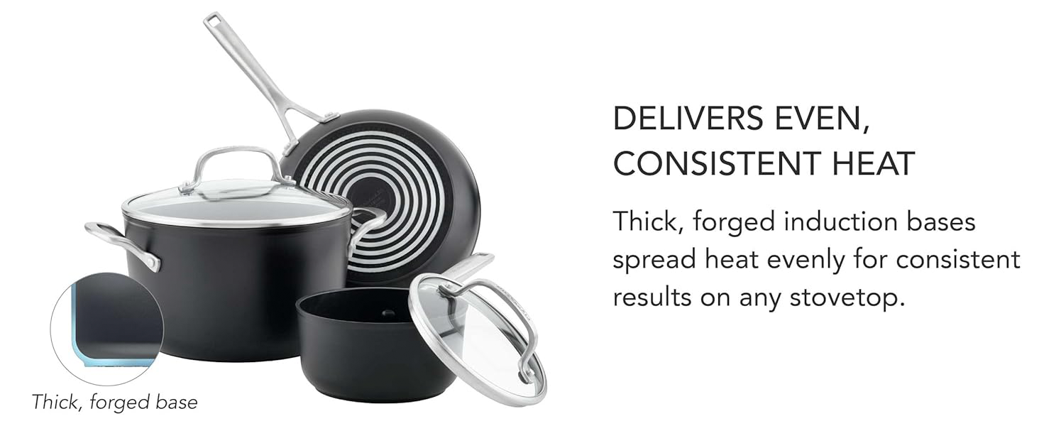 Consistent Heat,Forged Induction base,forged induction base, hard anodized, nonstick cookware