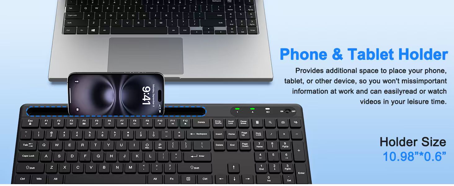 Wireless Keyboard and Mouse, Comfort Ergonomic Palm Rest Keyboard Mouse Combo Phone Holder