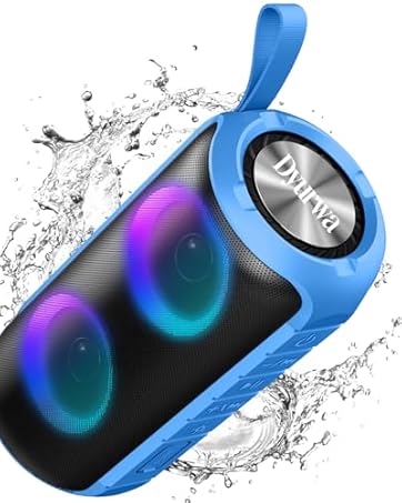 Water-resistant wireless speaker in black and blue design with LED lighting effects, shown with water splashing around it.