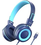 Over-ear headphones with blue and navy color scheme. Features padded ear cups, adjustable headband, and USB connector. Visible CE and FCC certification marks on the side.