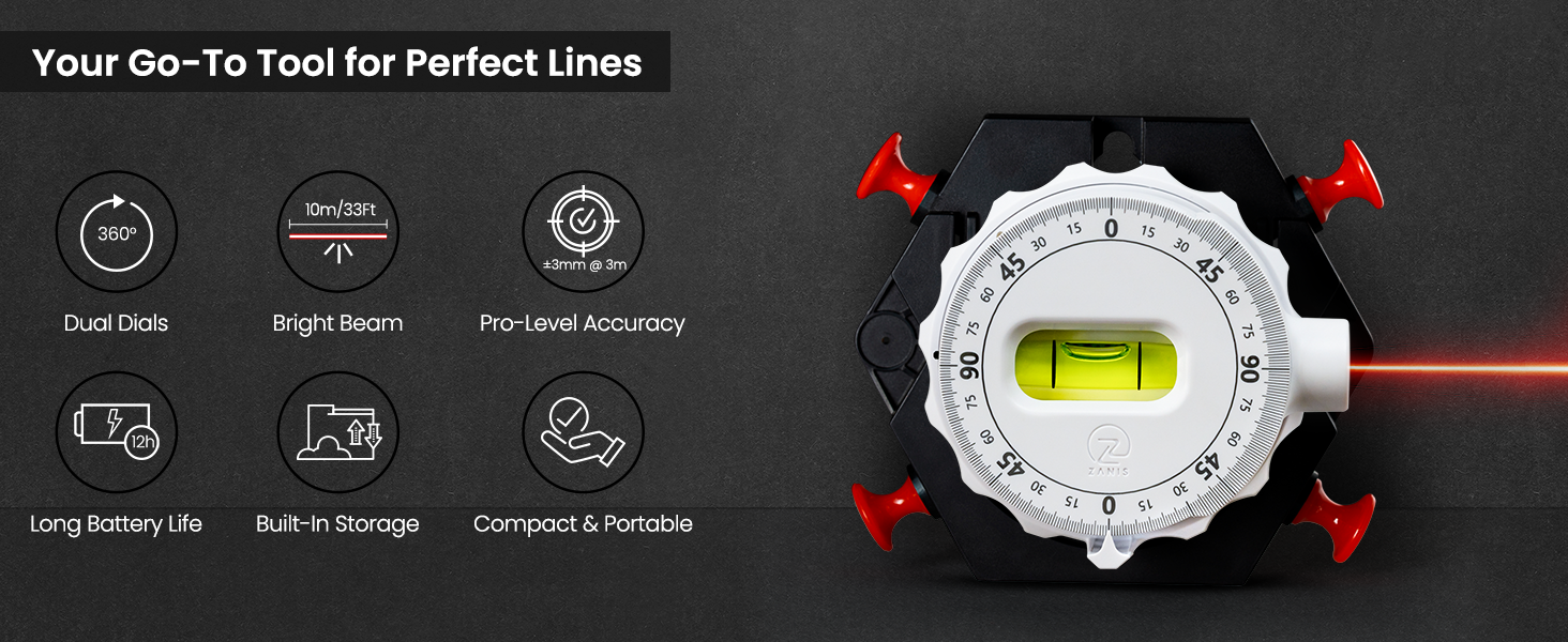 Zanis Linear Laser Level showing dual dials, bright beam, and pro-level accuracy features.