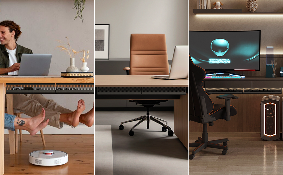 Composite of office scenes: person using laptop, robotic vacuum under desk, brown leather office chair, and gaming setup with curved monitor and illuminated chair.
