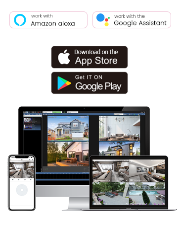 Multi-device security camera interface showing desktop and mobile app screens with live feeds, alongside app store download buttons and voice assistant logos.