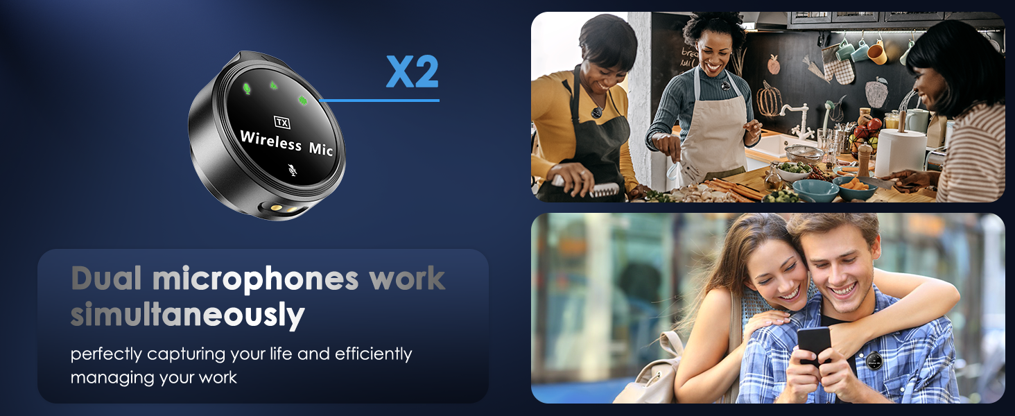 Dual wireless microphones working simultaneously, perfect for capturing moments and managing tasks.