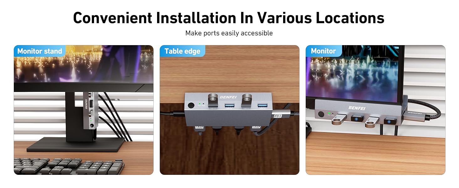 Three installation examples of a cable management system mounted under different surfaces, showing black wire organizers and mounting options.
