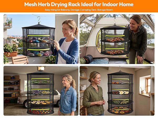 Hanging mesh drying rack for multiple indoor household usage scenarios