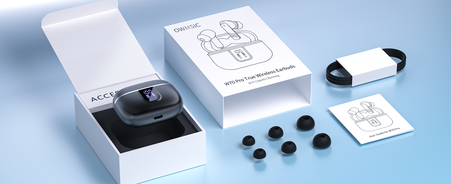 box containing earbuds, charging case, and various ear tip sizes. Instruction manual and USB cable