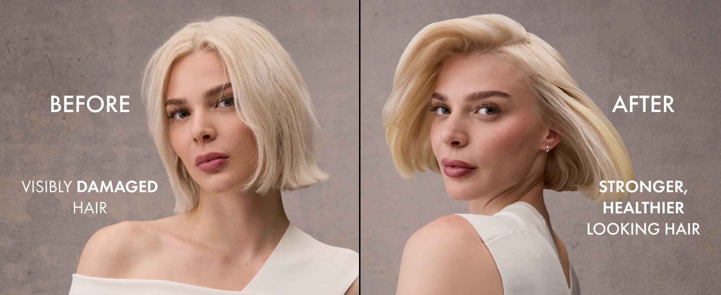 Two pictures of the same woman with her hair going from damaged to stronger and healthier looking.