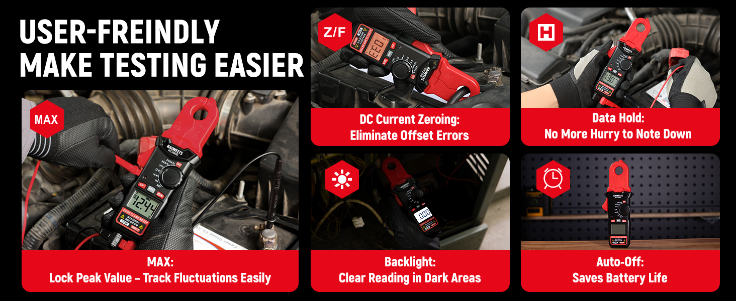 Text reads 'USER-FREINDLY MAKE TESTING EASIER'. Black and red infographic panels showing numbered steps with icons and explanatory text.