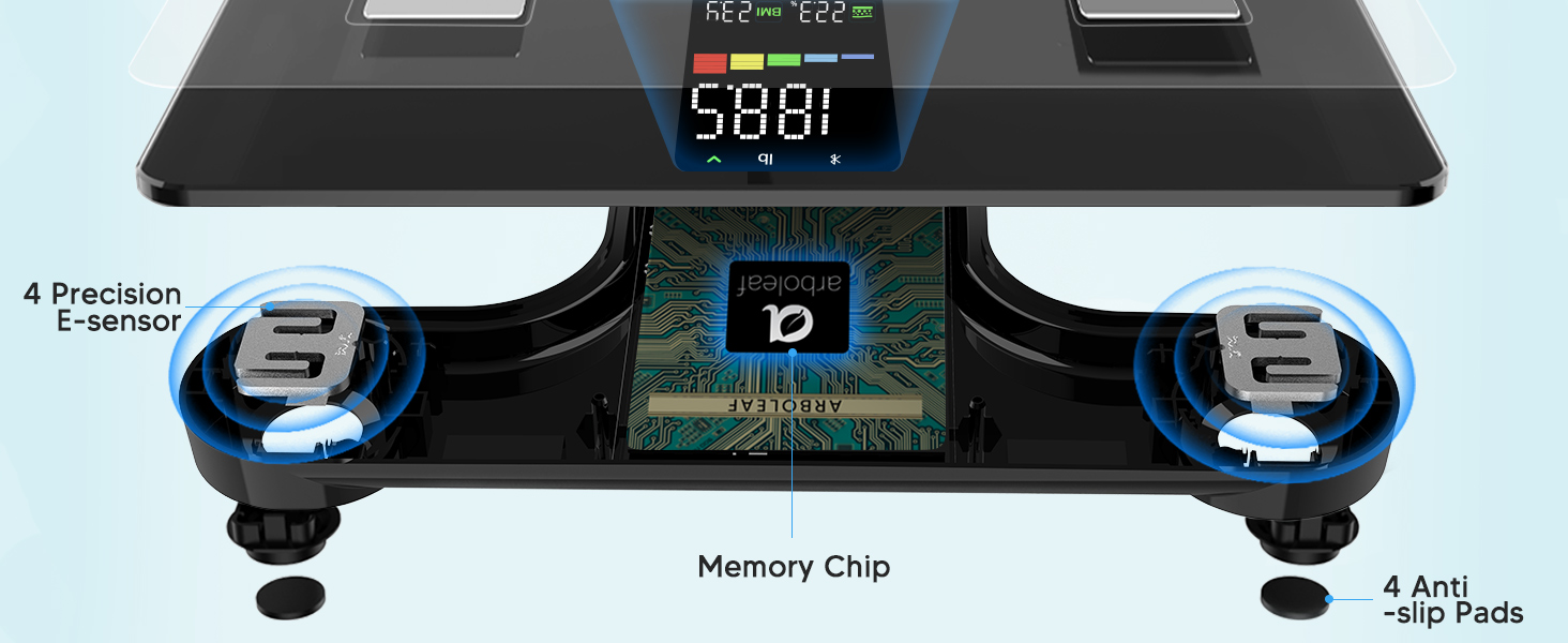 Smart scale with BMI, body fat, and muscle mass sensors, featuring memory chip and anti-slip pads.