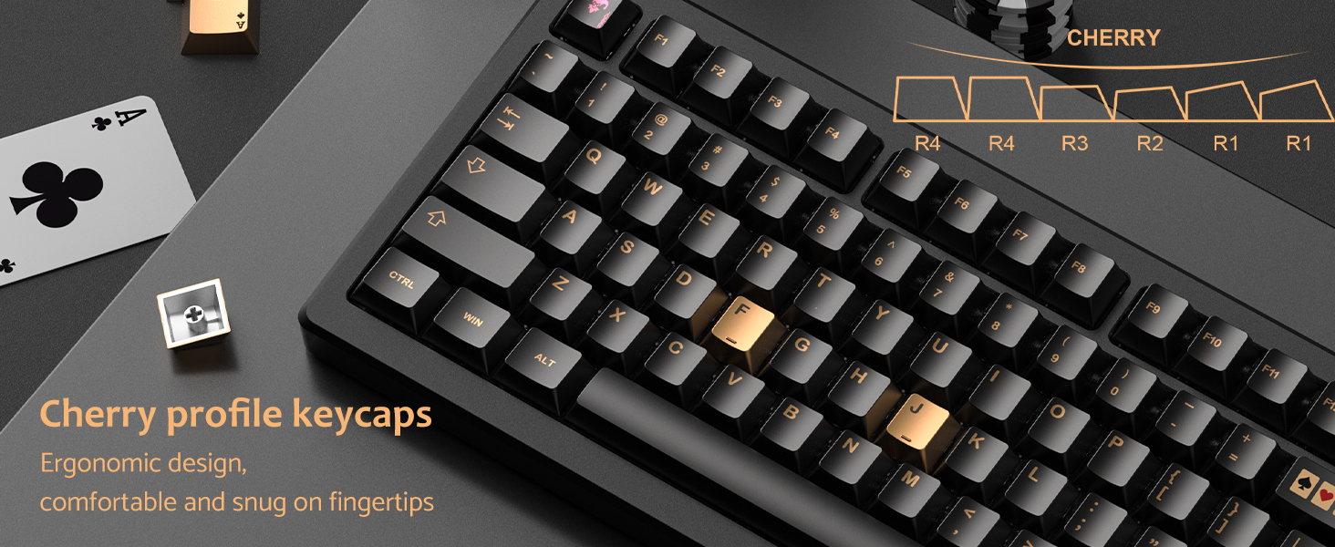 PBT Keycaps with Metal Paint Poker Theme,Black/Gold/Red Custom Keycap Set dye Sub Cherry Profile