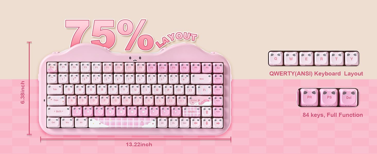 Text reads '75% OFF'. Pink mechanical keyboard with matching pink desktop accessories and cable organizer displayed against pink background with percentage discount text.