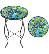 MUMTOP Outdoor Side Table - Small Mosaic Patio Table, Peacock 14” Round Accent End Coffee Table G...