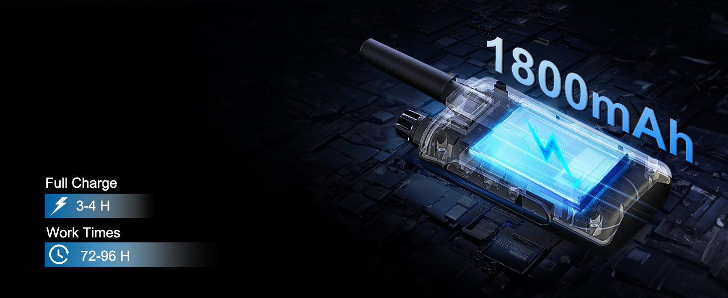 Rechargeable walkie talkie features a 1800mAh battery providing 72 to 96 hours of working time