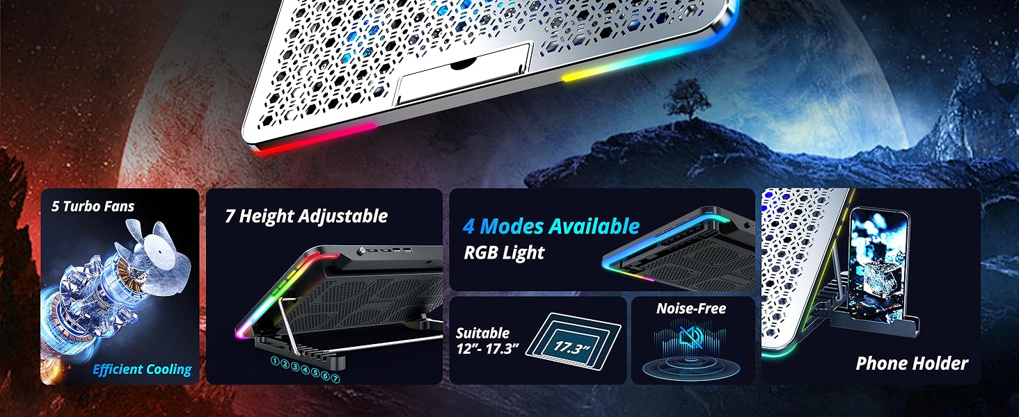 Laptop Cooling Pad, Laptop Cooler Gaming 5 Quiet Fans with Large Metal Plate