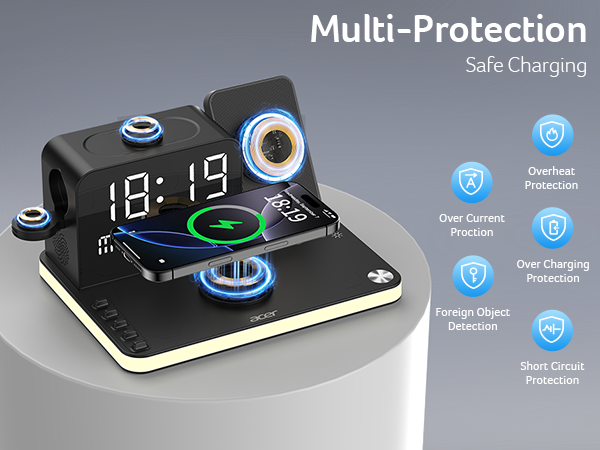 Acer 7 in 1 Wireless Charging Station with LED Night Light, Bluetooth Time Sync Clock