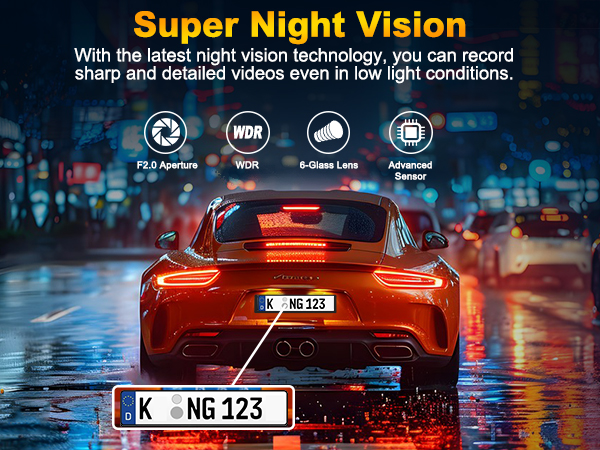 Night vision camera feature advertisement showing a red sports car on wet street. Icons highlight F2.0 aperture, WDR, 6-glass lens, and advanced sensor for low-light recording capability.