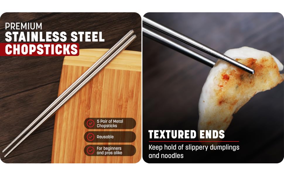 Stainless Steel Chopsticks - 5 pair of reusable metal chopsticks, for beginners or pros
