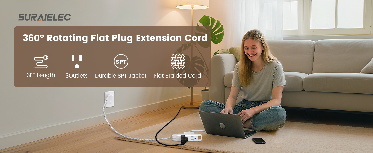 360° Rotating Flat Plug Extension Cord